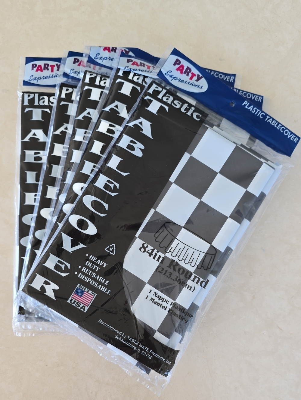 NWT Set Of 5 Black and White Checked Disposable Plastic Tablecovers